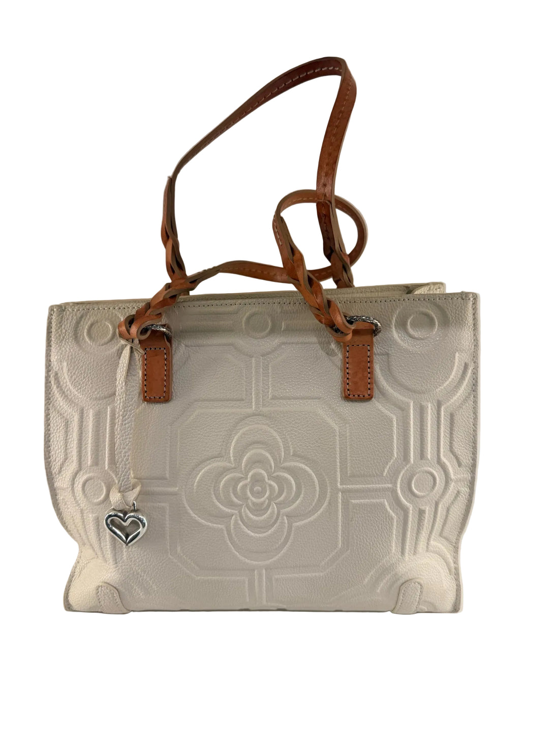 Brighton Small Leather Tote w/ Embossed Flower Pattern Shoulder bag white 