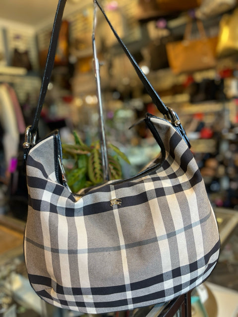 Burberry Plaid canvas leather trimmed shoulder bag  