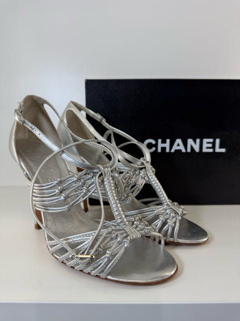 Chanel Sz 6.5 Silver Strappy Leather Sandal Shoes