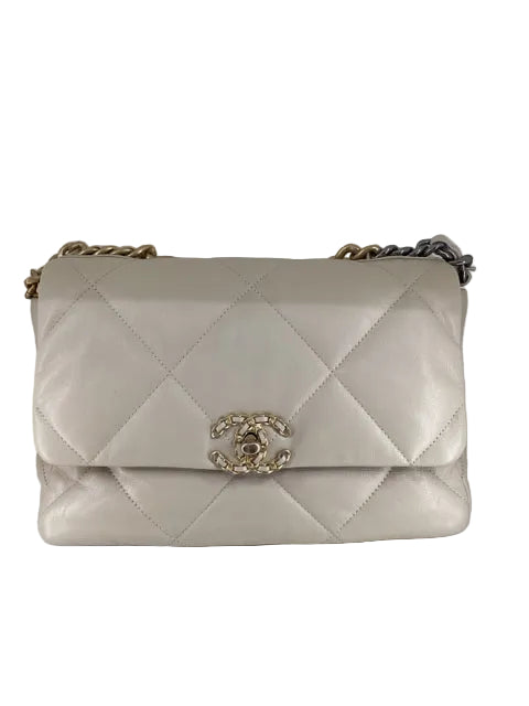 Chanel Lambskin Quilted Medium Chanel 19 Flap Light Cream with gold and silver hardware