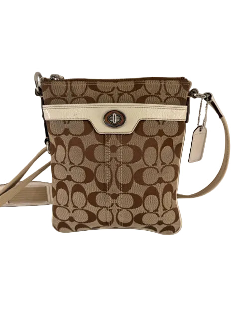 Coach Logo Canvas Tan and Brown Cross Body with silver hardware