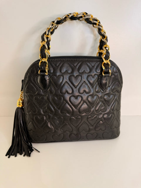 Cosci Black Leather Bag Purse W/ 2 Gold Chain Metal Handle With Heart details