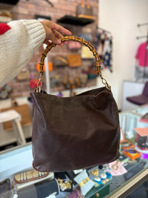 Vintage Gucci Bamboo Top Handle Brown Leather Hand Bag