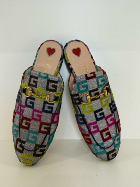 Gucci Mules Sz 7.5 Silver with Multi Color G's Shoes Slides