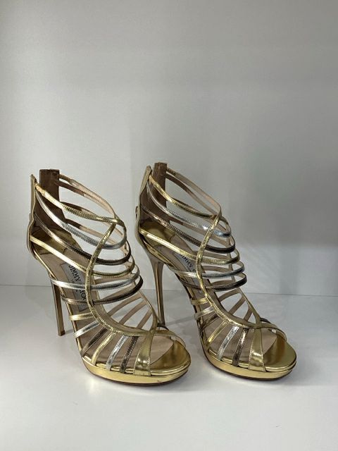 Sz 38 Jimmy Choo Gold Silver High Heels Sandals Shoes 

Gold/Silver cage type zipper ankle