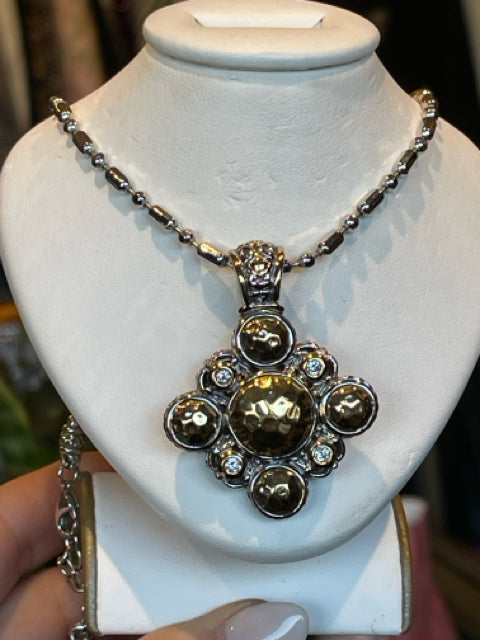 John Madeiros 2 tone rhodium/14kt gold hammered bubble enhancer on ball/chain necklace
