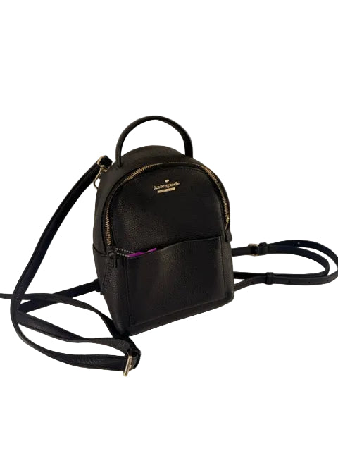 Kate Spade Black Leather Backpack
main compartment with secure closure size 
9" T x 7" W x 3" D Silver hardware