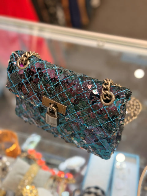 Kurt Geiger Turquoise Sequin Lock Silver Hardware w Dust Bag Cross Body