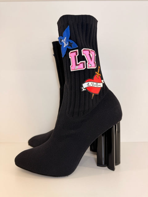 Louis Vuitton Size 38.5 Black Sock Shoe Boot with LV multicolored patches