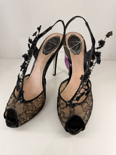 Rene Caovilla Sz 9.5 Black Lace Peep Toe w/ Flowers Sandals Shoes