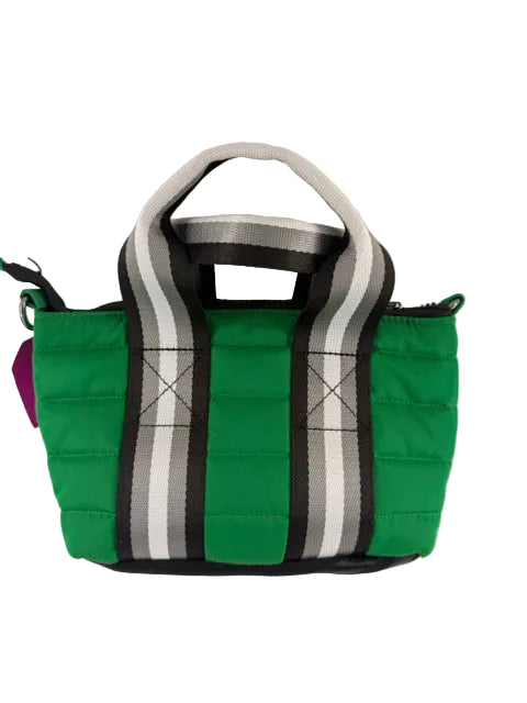 THINK ROLYN Nylon Quilted Mini Tote Cross Body Bag in green with black grey and white stripe strap