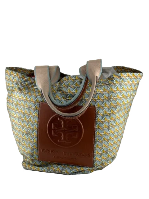 Tory Burch Geometric Basket Weave Tote with leather patch at exterior