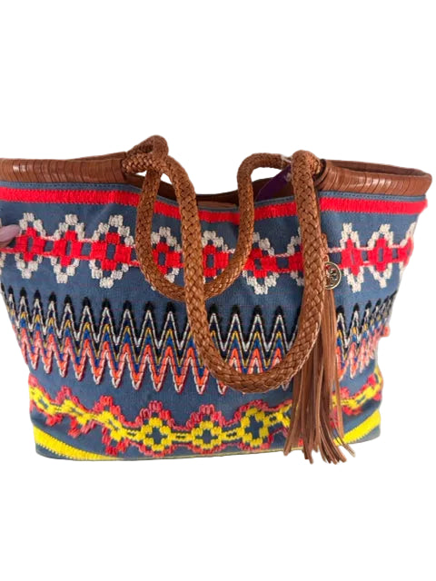 Tory Burch Woven Handle Crochet Denim & Multi Color Tote with brown leather handles