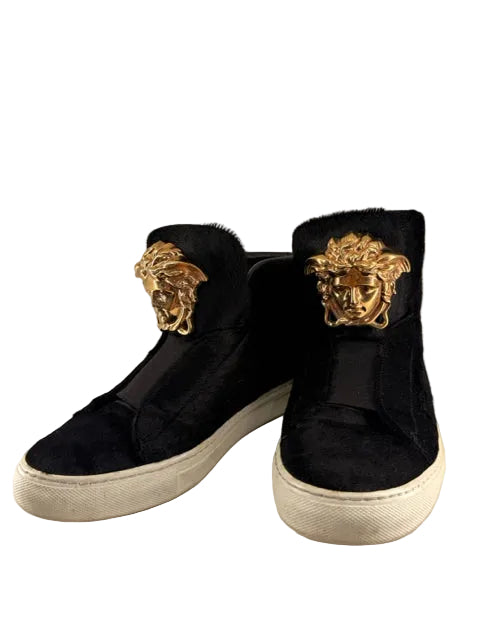  Versace High Top Sneaker Black Calf Hair w/ Medusa Size 39.5 with white soles