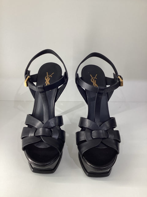 Sz 38 Yves Saint Laurent Black Tribute Leather Heels Sandals Shoes
