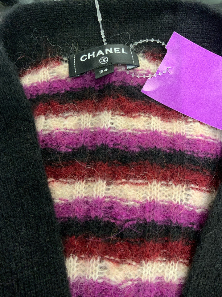 Chanel L/S V Neck Alpaca Striped Black Trim Cardigan Size 34