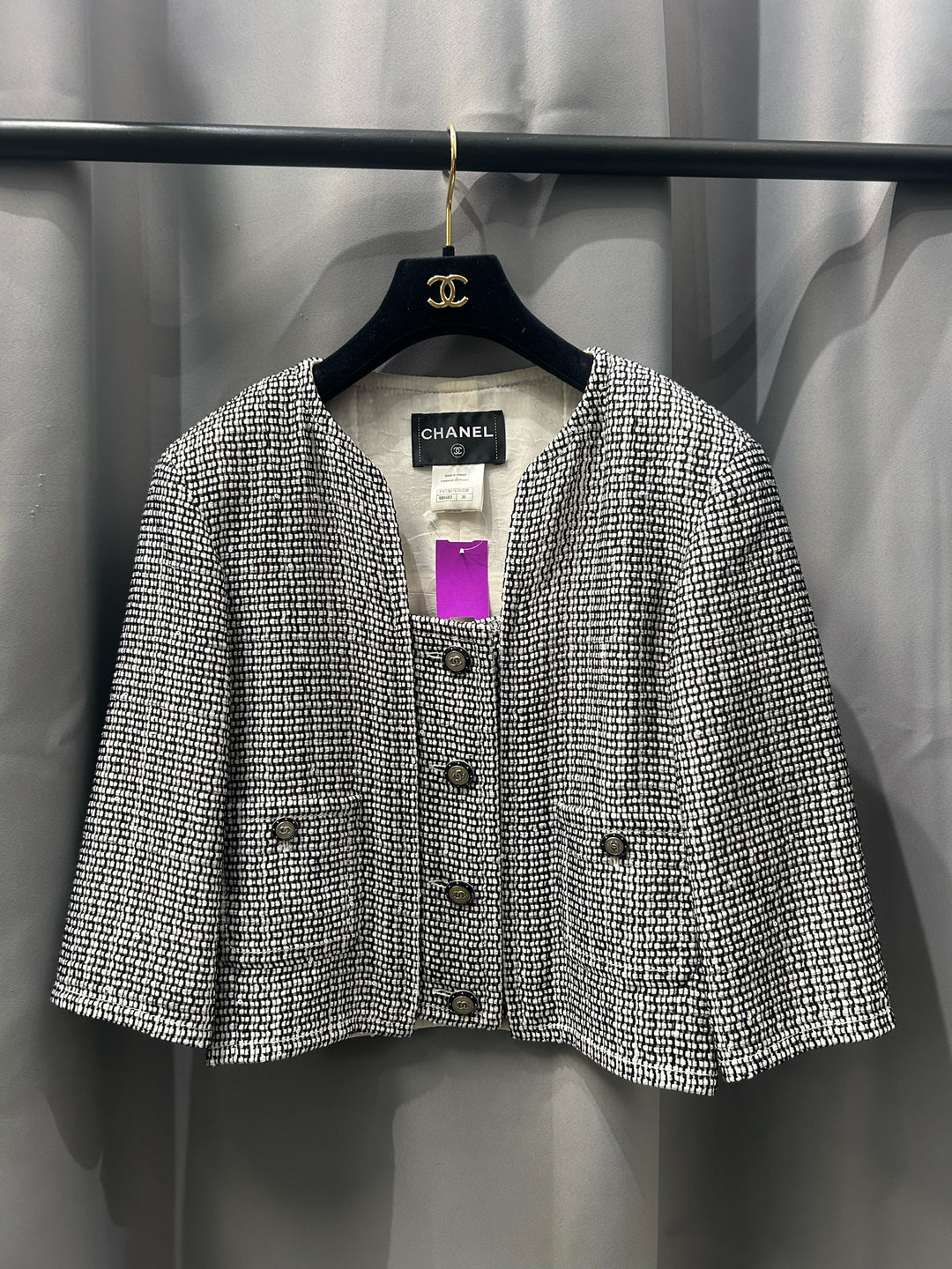 Chanel 14 Cruise Crop Bracelet Sleeve Tweed CC Buttons Jacket Sz 36