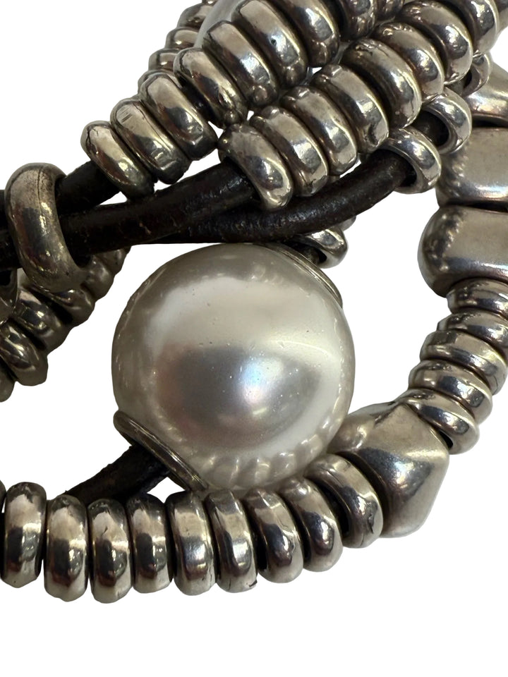Uno De 50 Multistrand Leather Beads Faux Pearl 7" Bracelet