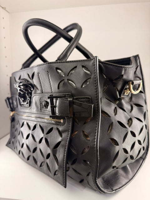 Pre Owned Versace Designer Palazzo Perforated Leather Tote with Shoulder Strap with Madusa Hardware Runway Designer