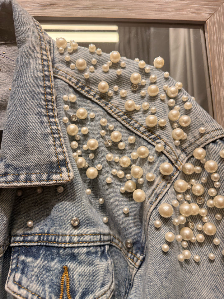 Classic Jacket Vintage Wash Jean Jacket w/ Pearls Sz XL