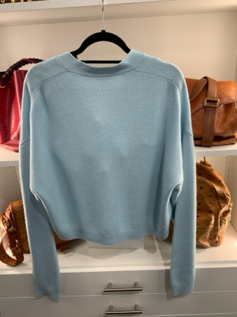 Pre-Owned Scanlan Theodore 2-Piece Set featuring a long-sleeve 3-button Sz M V-neck cardigan paired with an XS bustier in a soft blue hue.
