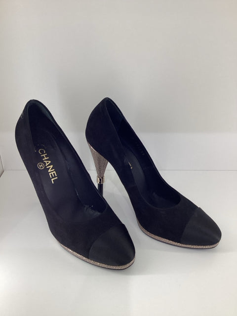 Sz 40 Chanel Multi Media Black Suede Satin Heels Pumps Shoes