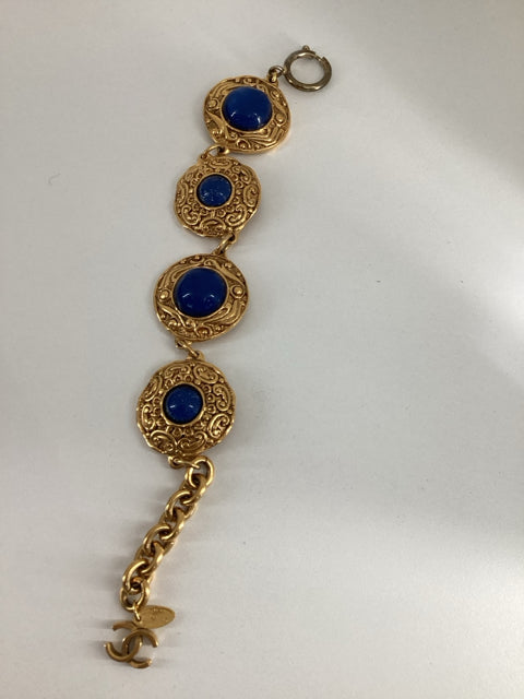 Vintage Chanel Blue & Gold Baroque bracelet 4-blue Gripoix glass cabochons IN BOX Bracelet