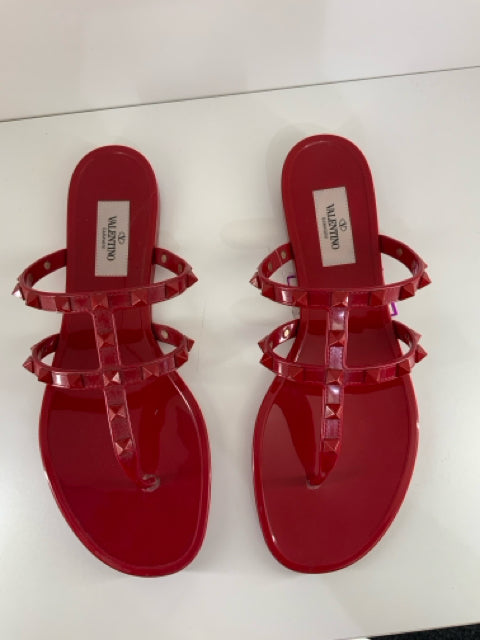 Pre Owned Valentino Garavani Size 38 Red Sandals featuring the iconic Rockstud design in a stylish jelly material.