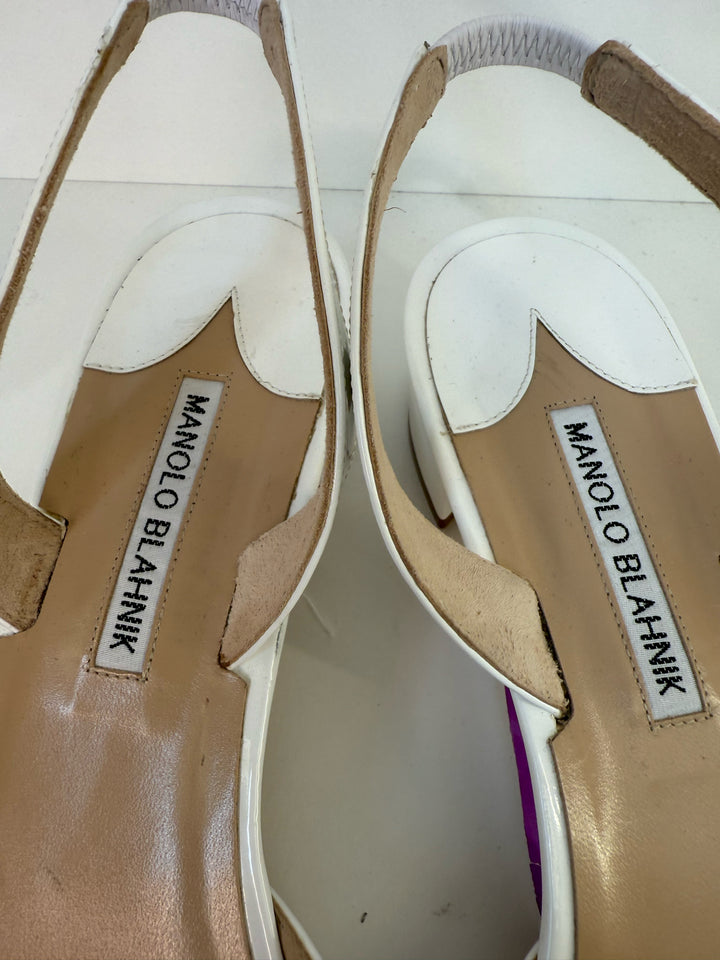 Manolo Blahnik White Patent Leather Slingback DesignerShoes Sz 10.5"