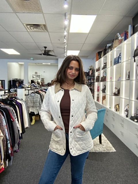 Pre Owned Barbour Sz 6 Quilted Pattern Corduroy Collar Cream Jacket