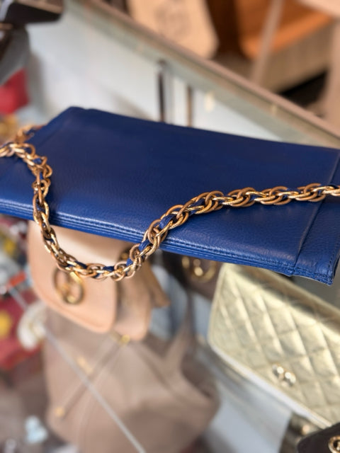 Elliot Lucca Blue Leather Clutch Bag w/ Gold Twist Lock Front Closure
