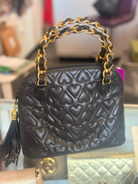 Cosci Black Leather Bag Purse W/ 2 Gold Chain Metal Handle