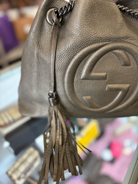 Gucci Leather Gunmetal Soho Chain Totes Hand Bag