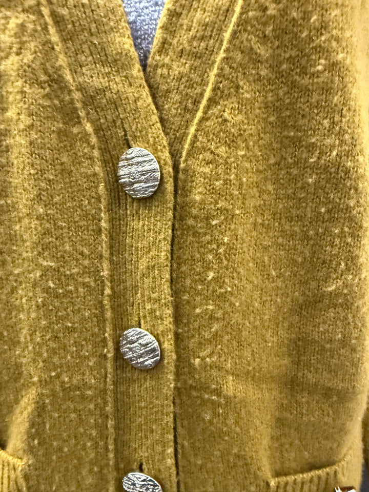 Chanel 22K V Neck Mustard Wool Cardigan Size 34