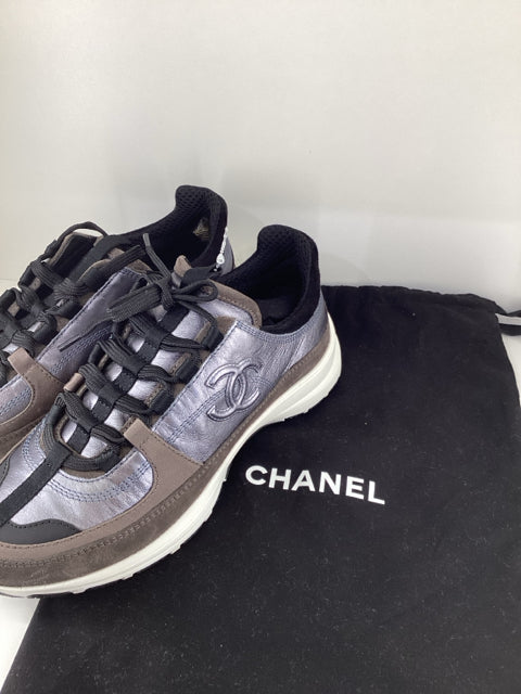 Pre Owned Chanel Sneaker Trainer Size 37.5 in a rare brown metallic colorway, complete with original dustbags.