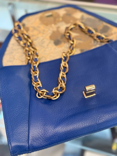 Elliot Lucca Blue Leather Clutch Bag w/ Gold Twist Lock Front Closure
