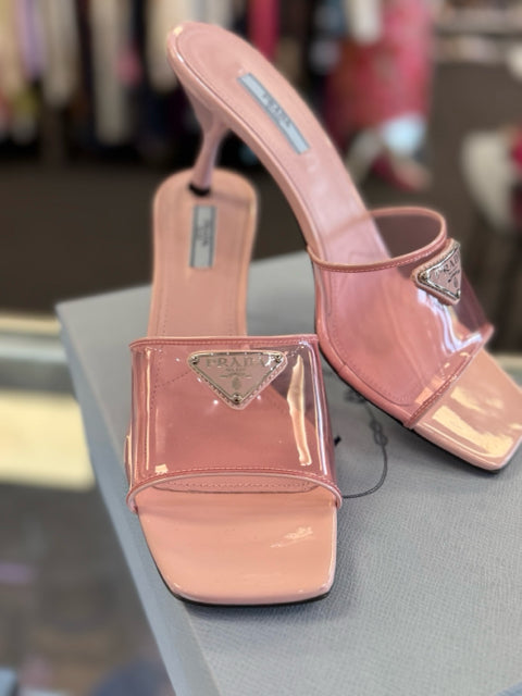 NIB Prada Sz 39.5 Alabastro Plexi & Patent Slide Mule Kitten Heel Shoe Pre Loved