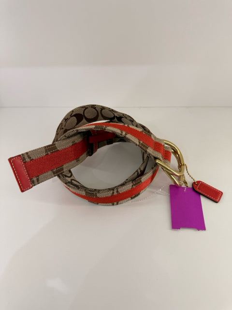 Pre Owned Coach Tan & Orange Fabric 36" Belt w/ Gold Buckle