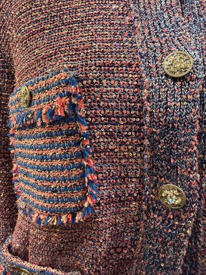 Chanel 23P Sequin Embellished Tweed Cardigan w Rhinestone Buttons Size 36