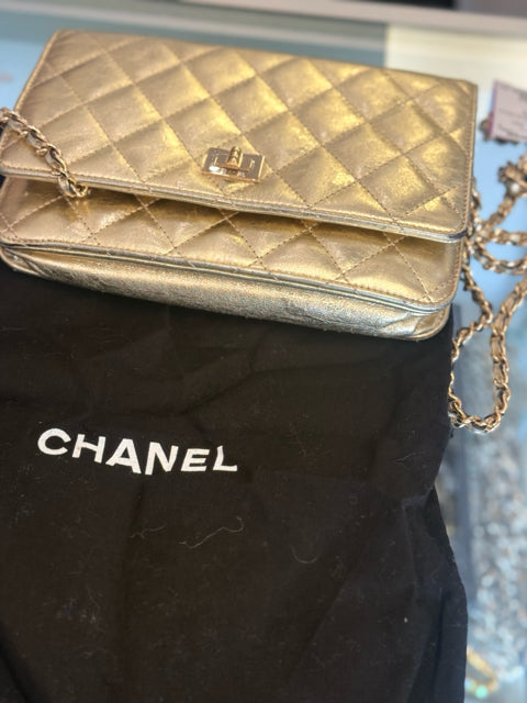 Chanel Metallic Gold Quilted Designer Bag W/ Dustbag