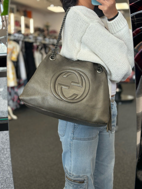 Gucci Leather Gunmetal Soho Chain Totes Hand Bag