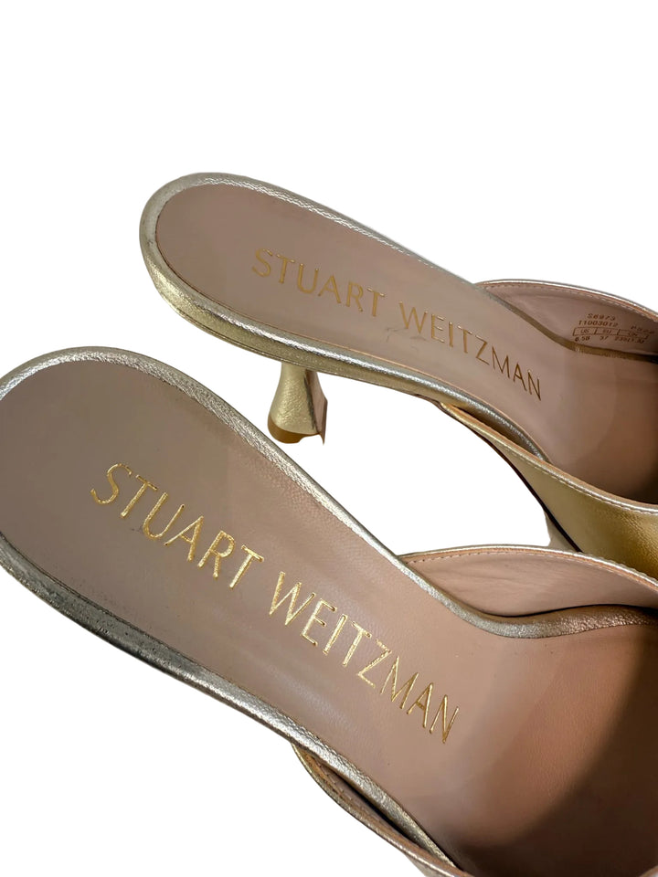 Stuart Weitzman Sz 6 Gold Kitten Heel Tia Sandal Mules in Box