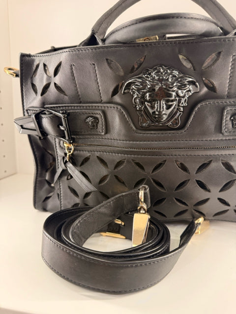 Pre Owned Versace Designer Palazzo Perforated Leather Tote with Shoulder Strap with Madusa Hardware Runway Designer