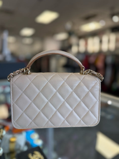 Chanel 2023 Beige Leather Chain Top Handle Crossbody Bags