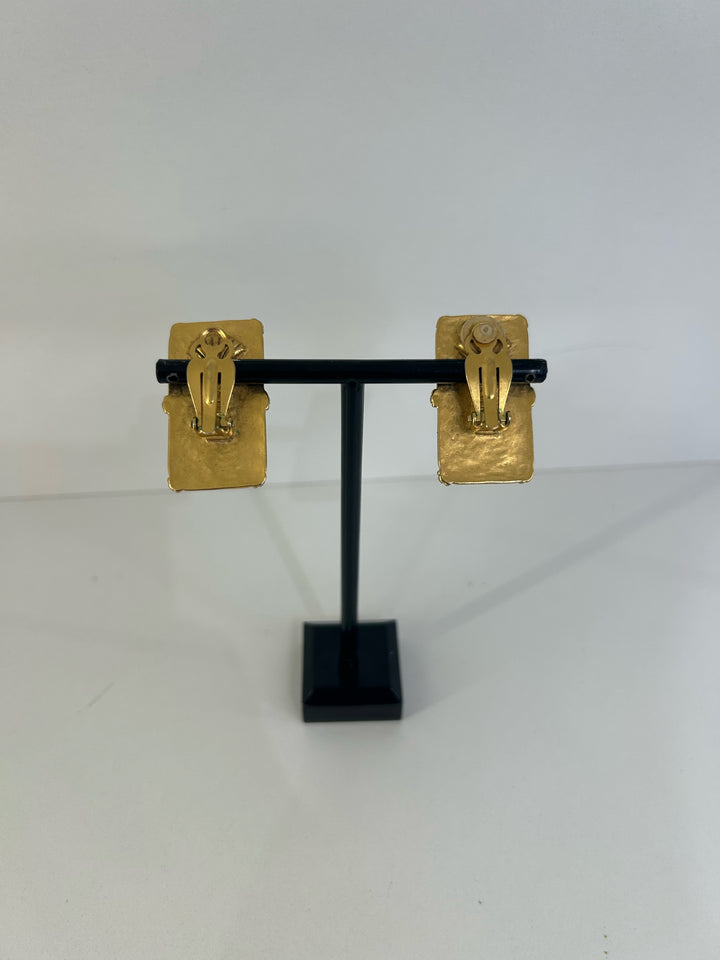 Vintage Karl Lagerfeld Clip On 1.5" Square Stone Earrings