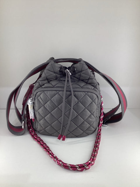 NWT Mz Wallace Medium Nylon Greyw/ Pink Accents Cross Body Bucket Bag.