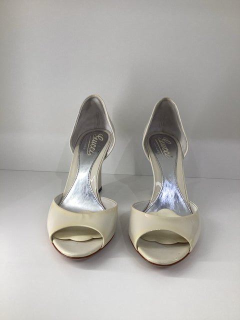 Sz 37 Gucci White Patent Leather Wedge Pumps Shoes