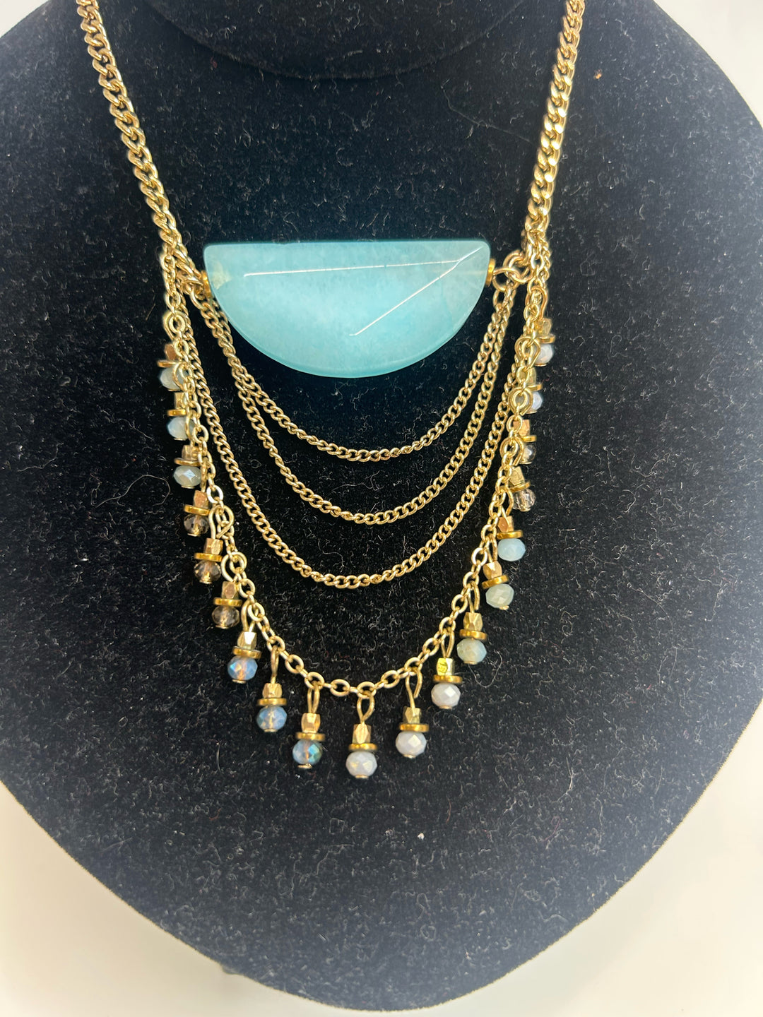 Vintage Gold Chain w/ Blue Half Circle Stone Necklace