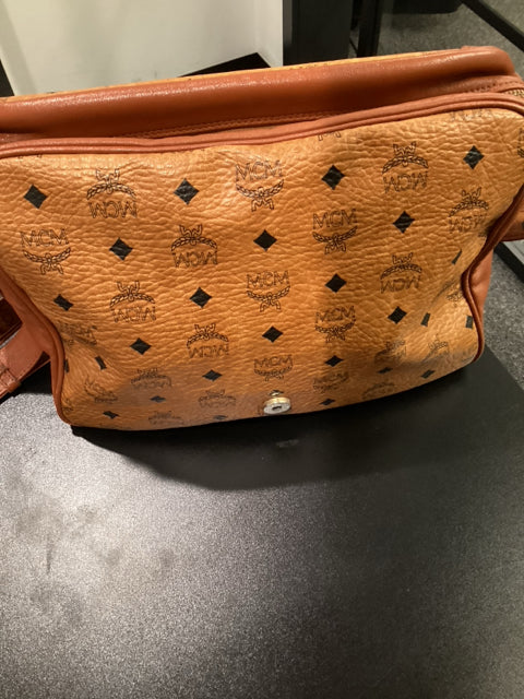 MCM Tan and Black Leather Messenger with gold front buckle Designer Bag