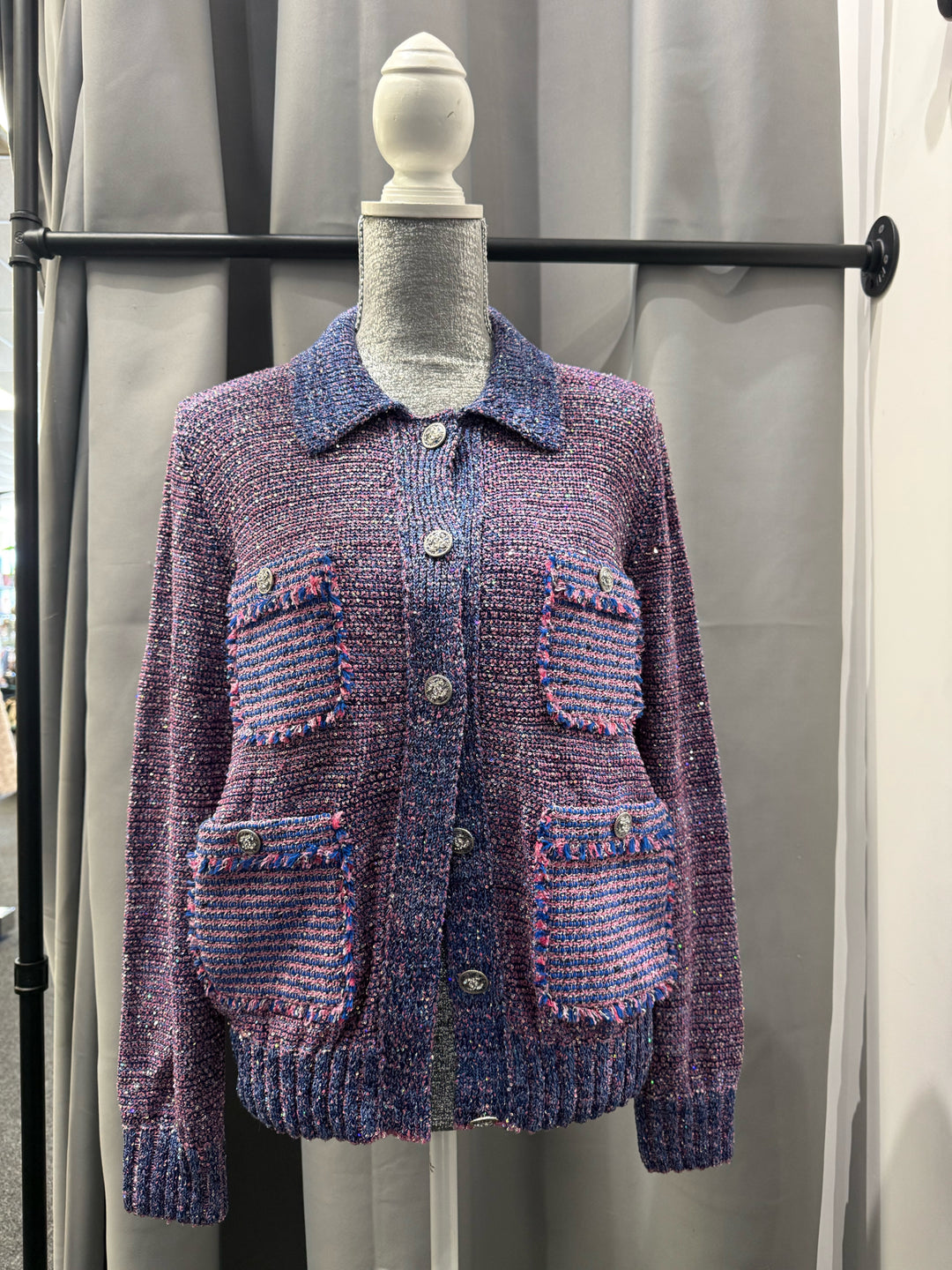 Chanel 23P Sequin Embellished Tweed Cardigan w Rhinestone Buttons Size 36